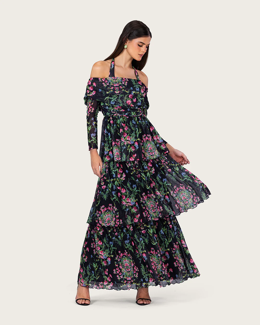 Floral Mesh Off-Shoulder Maxi Dress with Tiered Skirt - Image 6