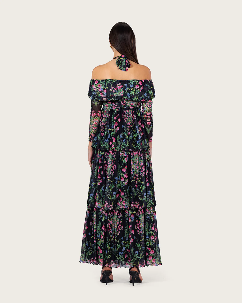 Floral Mesh Off-Shoulder Maxi Dress with Tiered Skirt - Image 7