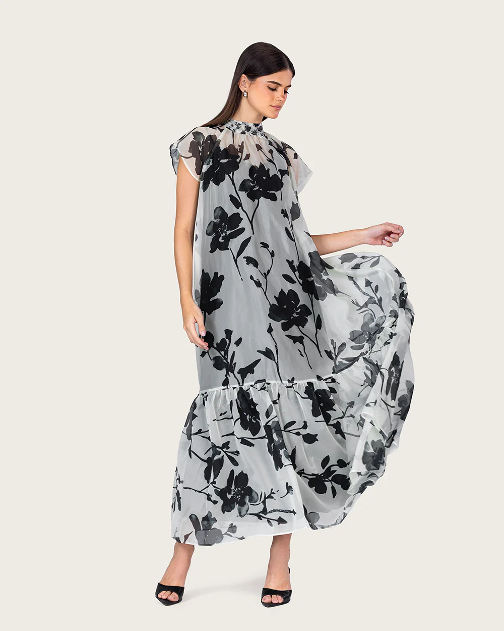 Floral Organza Maxi Dress with Back Bow Tie - Image 4