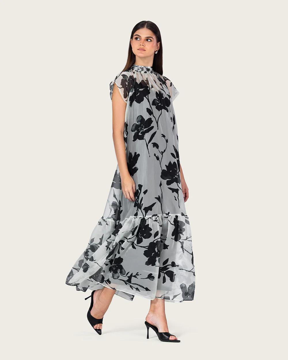Floral Organza Maxi Dress with Back Bow Tie - Image 5