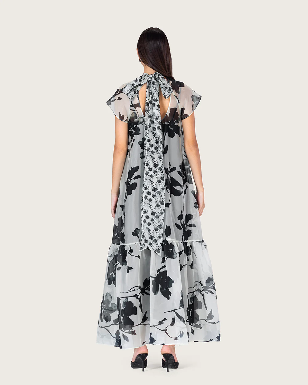 Floral Organza Maxi Dress with Back Bow Tie - Image 8