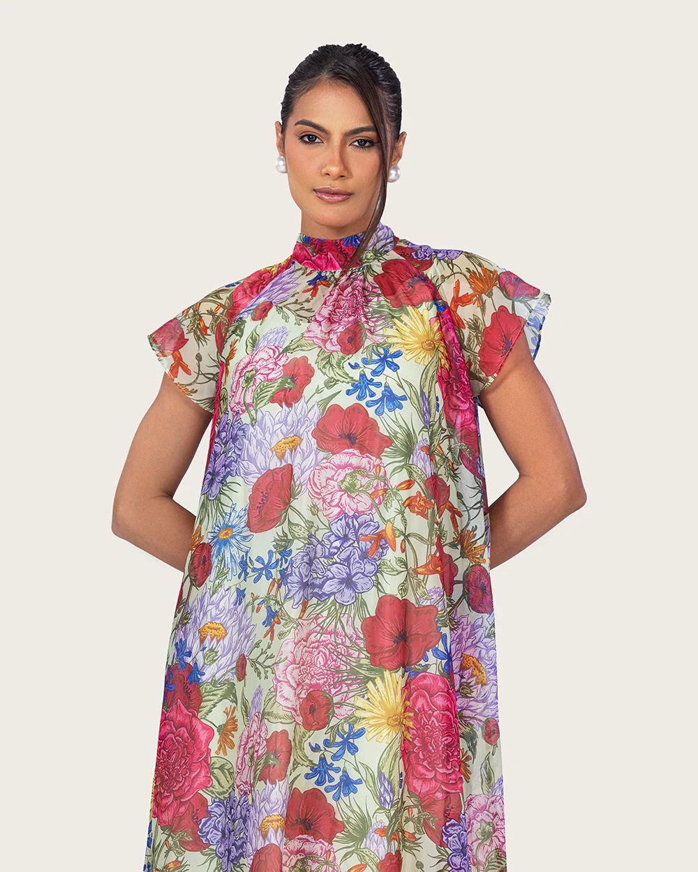 Floral Organza Maxi Dress with High Neck and Back Bow - Image 10