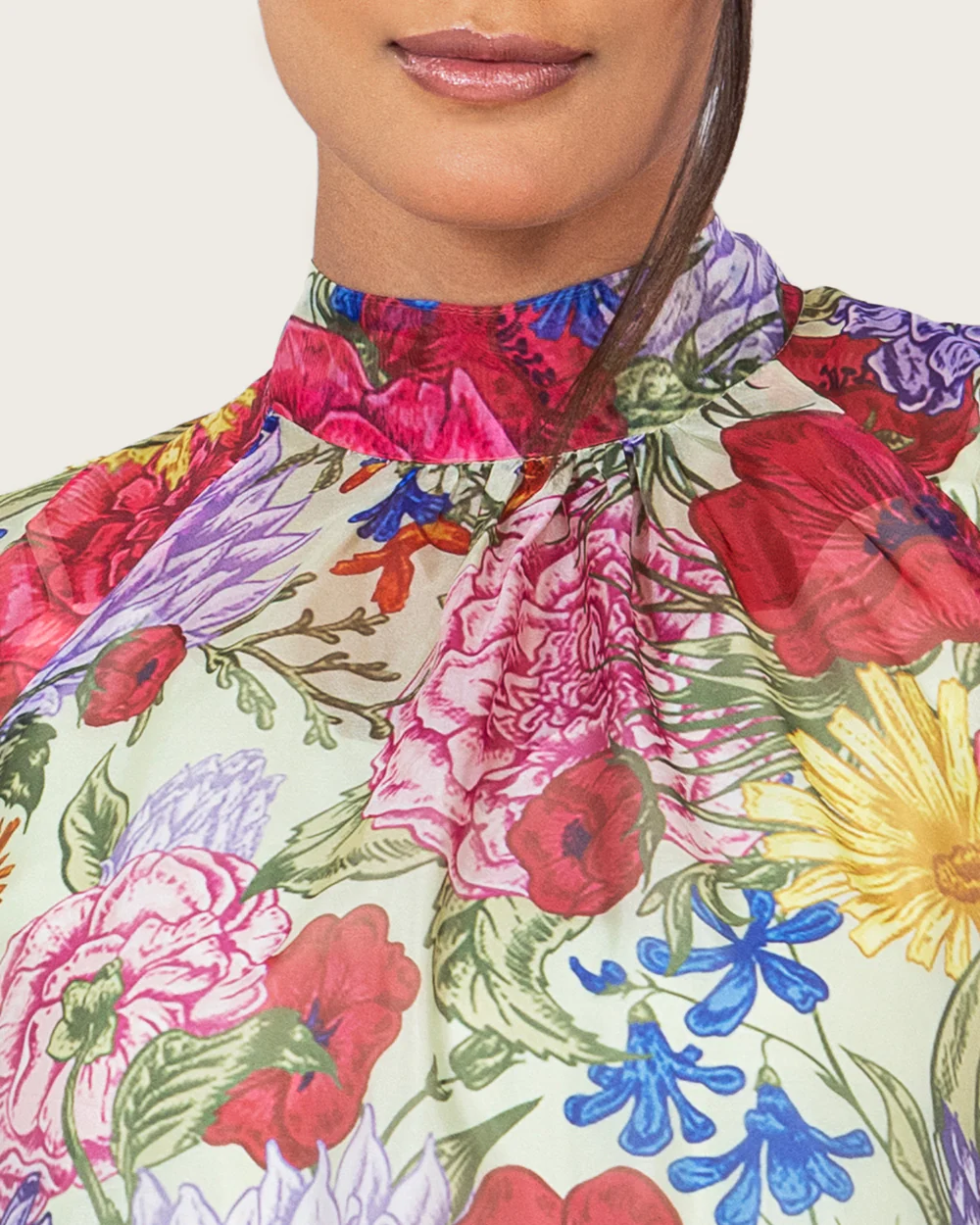 Floral Organza Maxi Dress with High Neck and Back Bow - Image 2