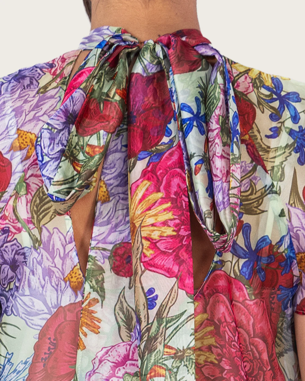 Floral Organza Maxi Dress with High Neck and Back Bow - Image 3