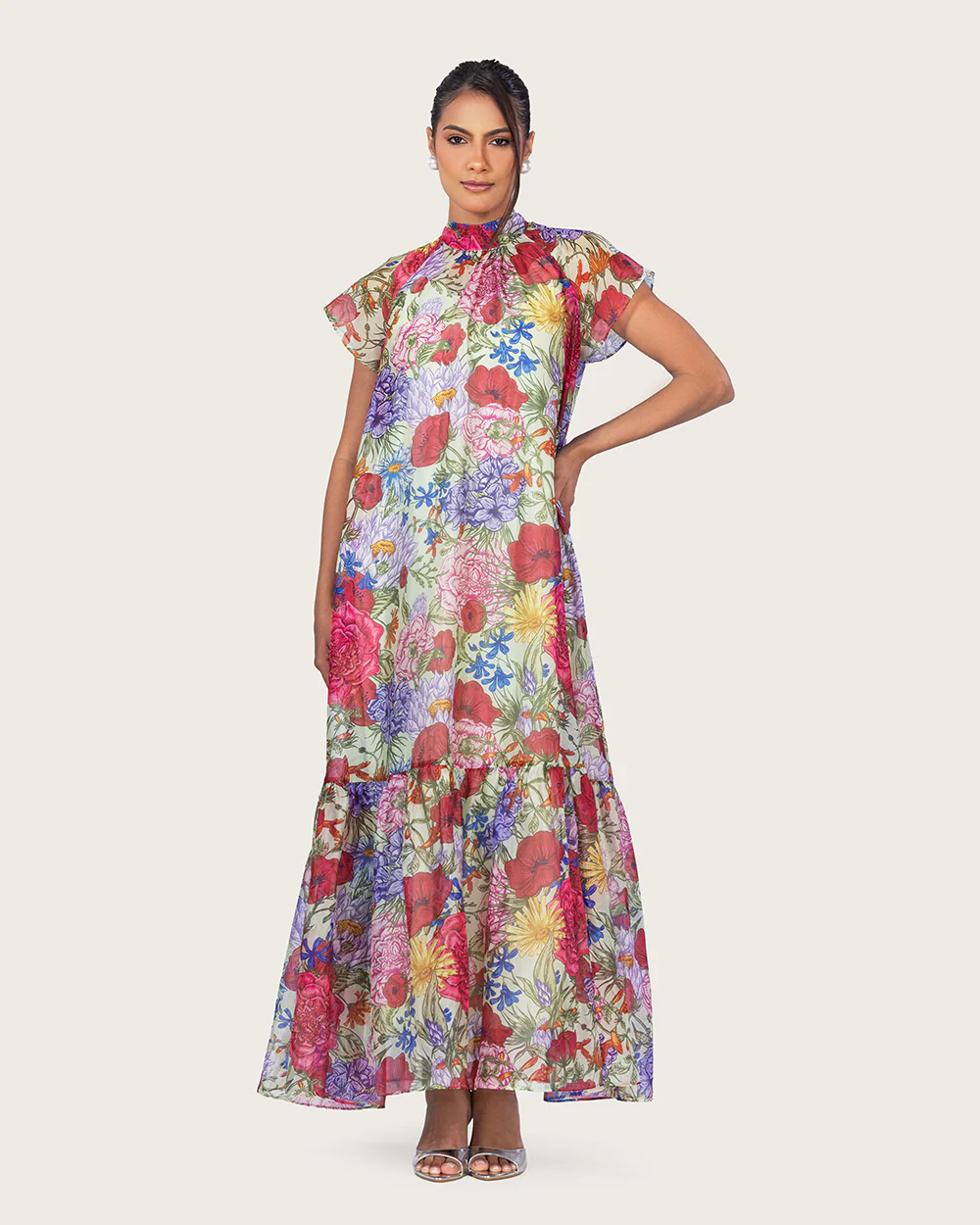Floral Organza Maxi Dress with High Neck and Back Bow - Image 4