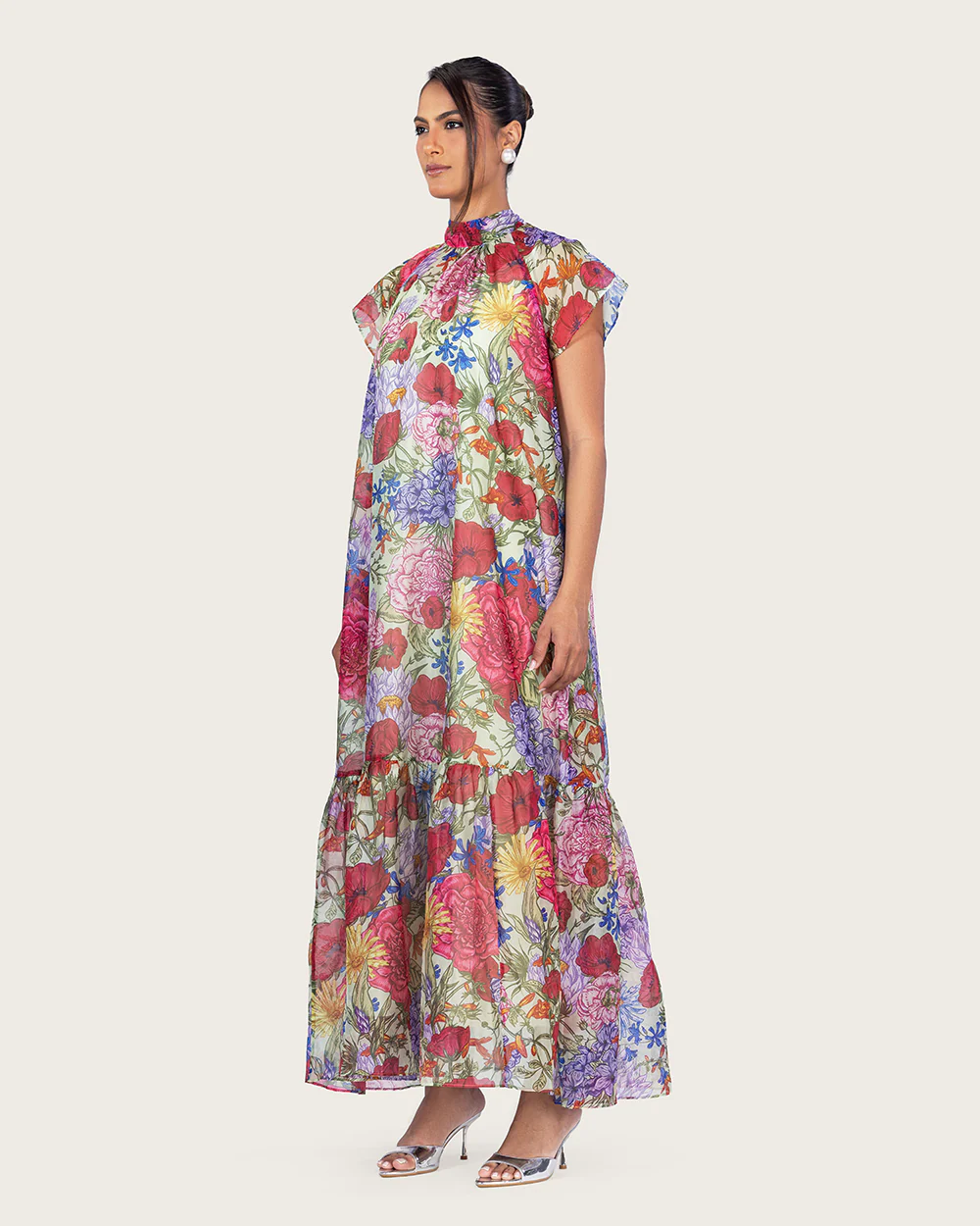 Floral Organza Maxi Dress with High Neck and Back Bow - Image 5