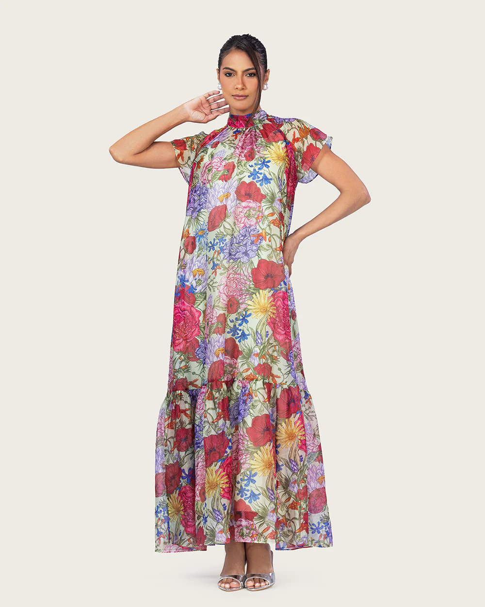 Floral Organza Maxi Dress with High Neck and Back Bow - Image 6