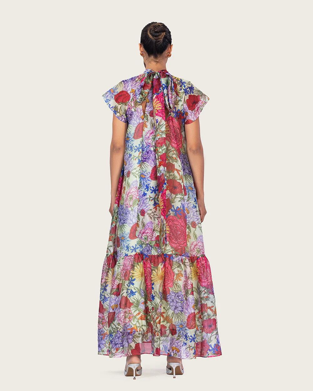 Floral Organza Maxi Dress with High Neck and Back Bow - Image 7