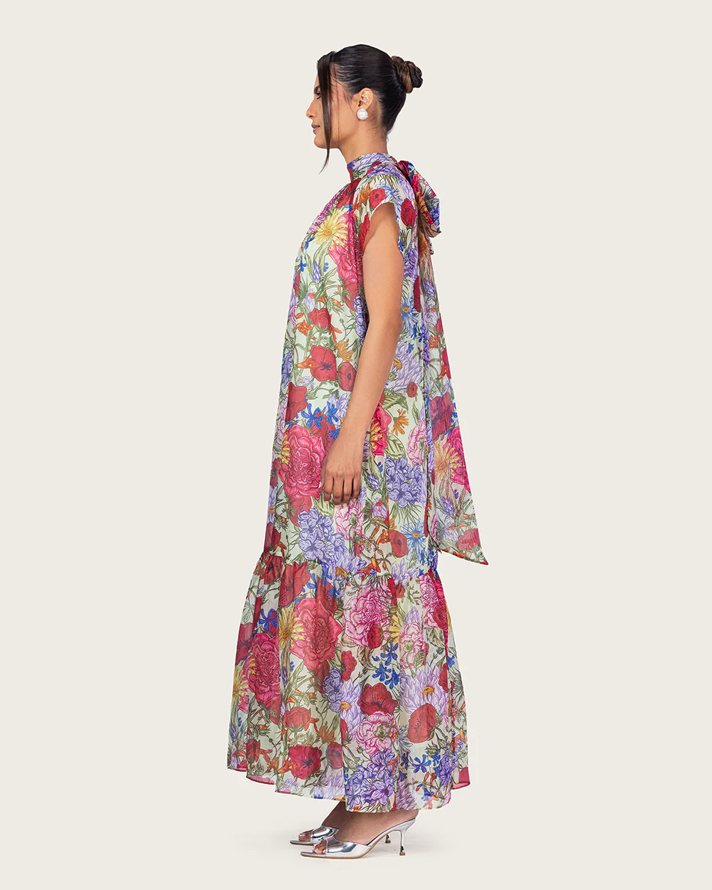 Floral Organza Maxi Dress with High Neck and Back Bow - Image 8
