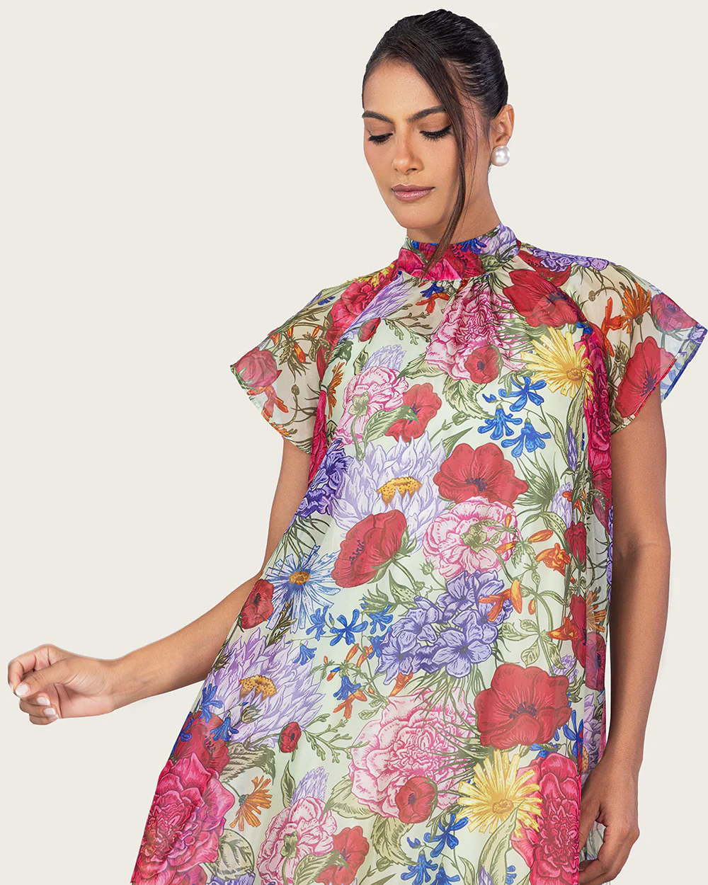 Floral Organza Maxi Dress with High Neck and Back Bow - Image 9