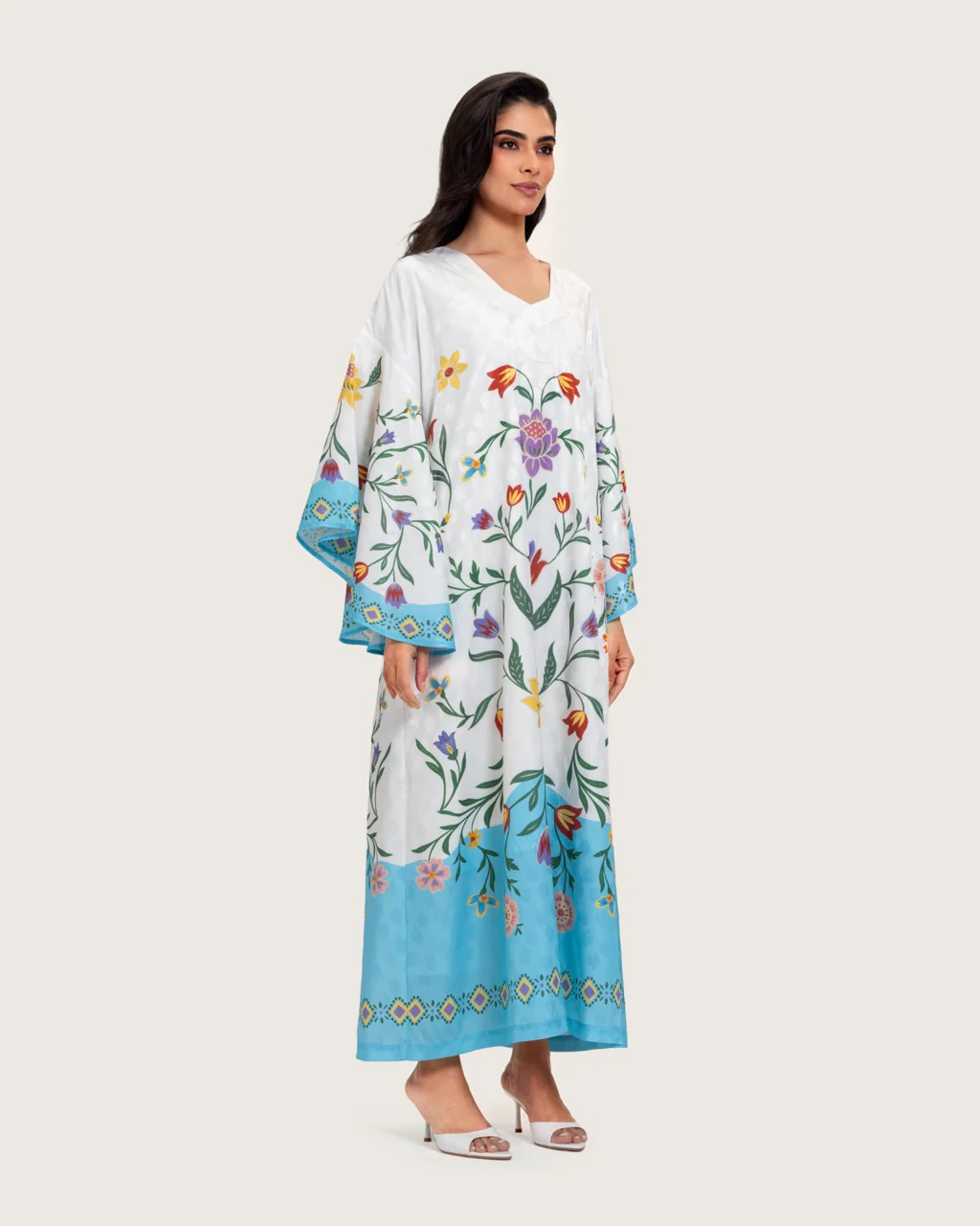 Floral Printed Kaftan Dress – White & Turquoise - Image 10
