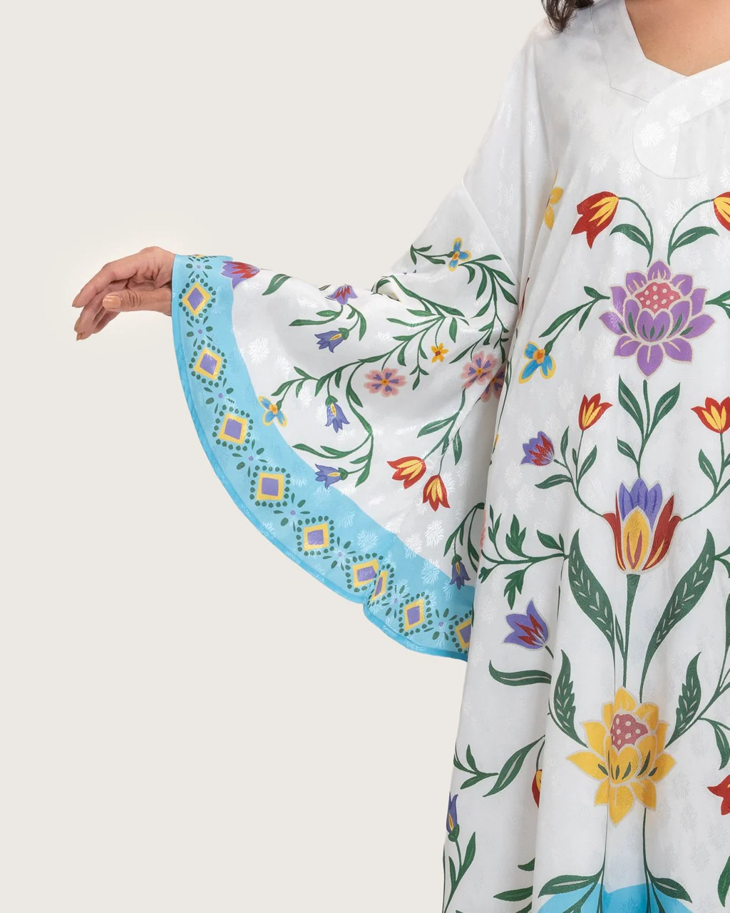 Floral Printed Kaftan Dress – White & Turquoise - Image 11