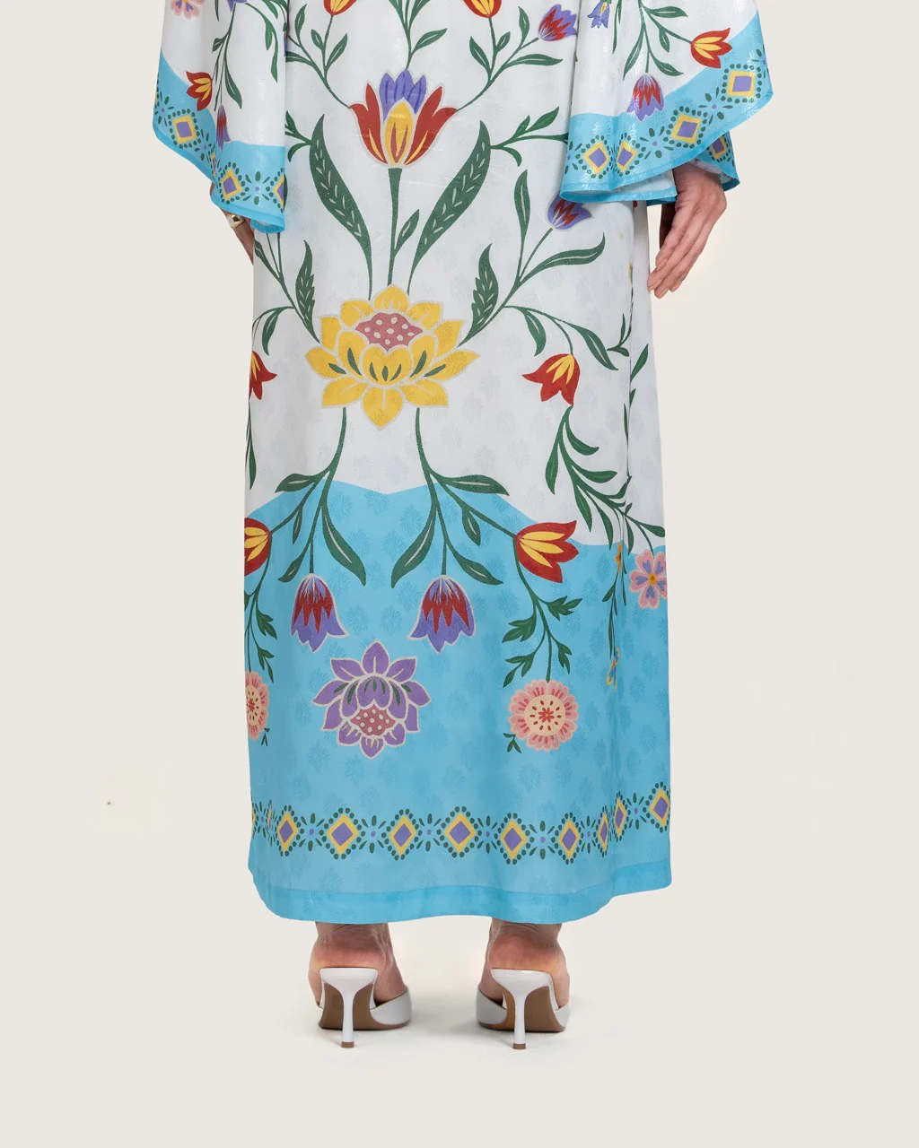 Floral Printed Kaftan Dress – White & Turquoise - Image 3