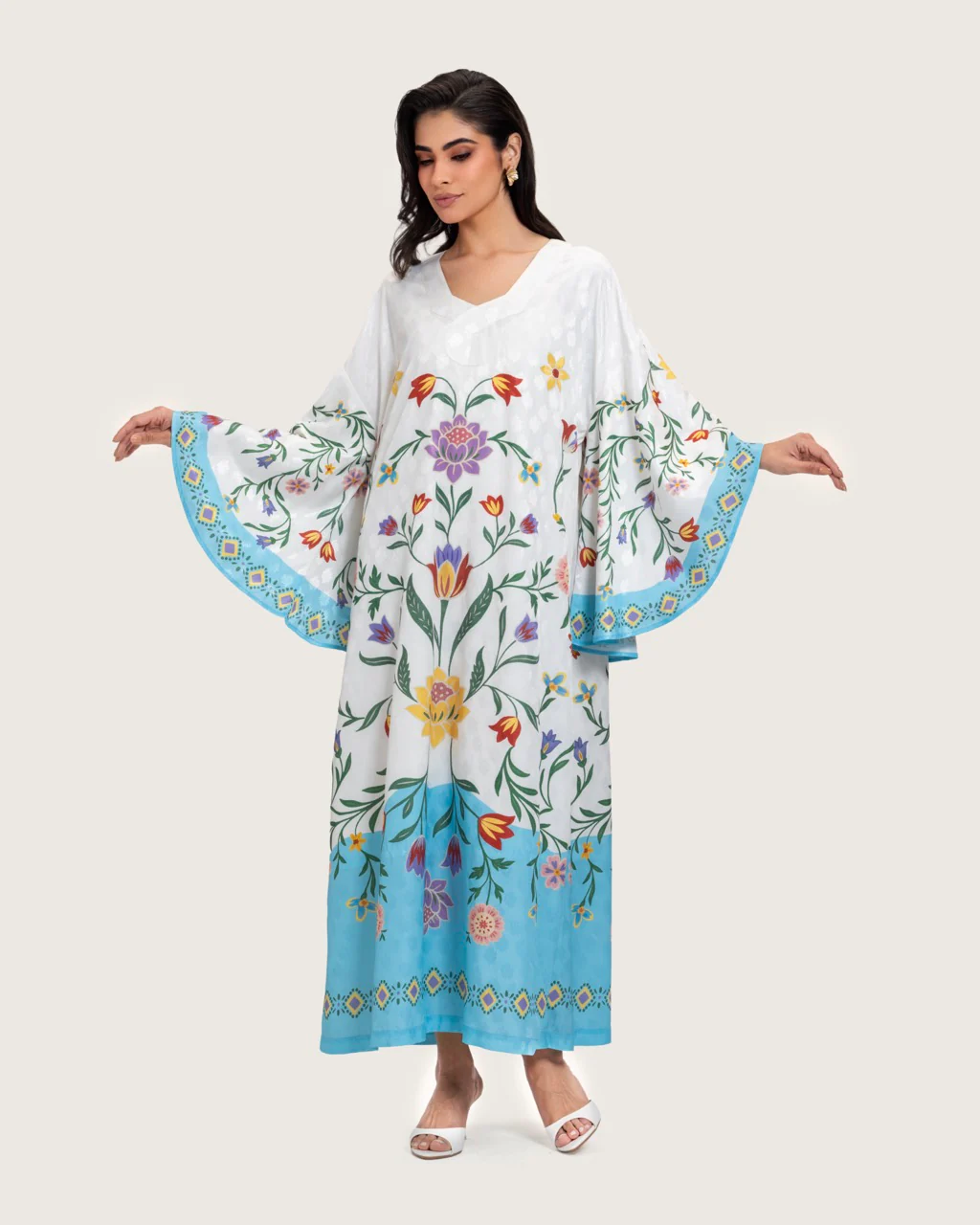 Floral Printed Kaftan Dress – White & Turquoise - Image 4