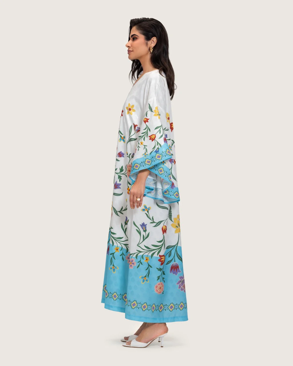 Floral Printed Kaftan Dress – White & Turquoise - Image 5