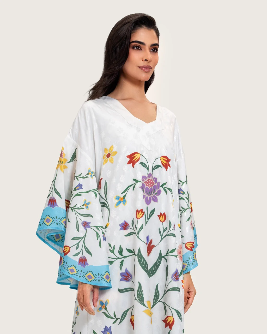Floral Printed Kaftan Dress – White & Turquoise - Image 6