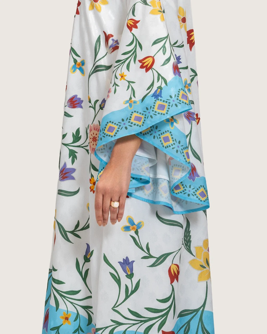 Floral Printed Kaftan Dress – White & Turquoise - Image 7