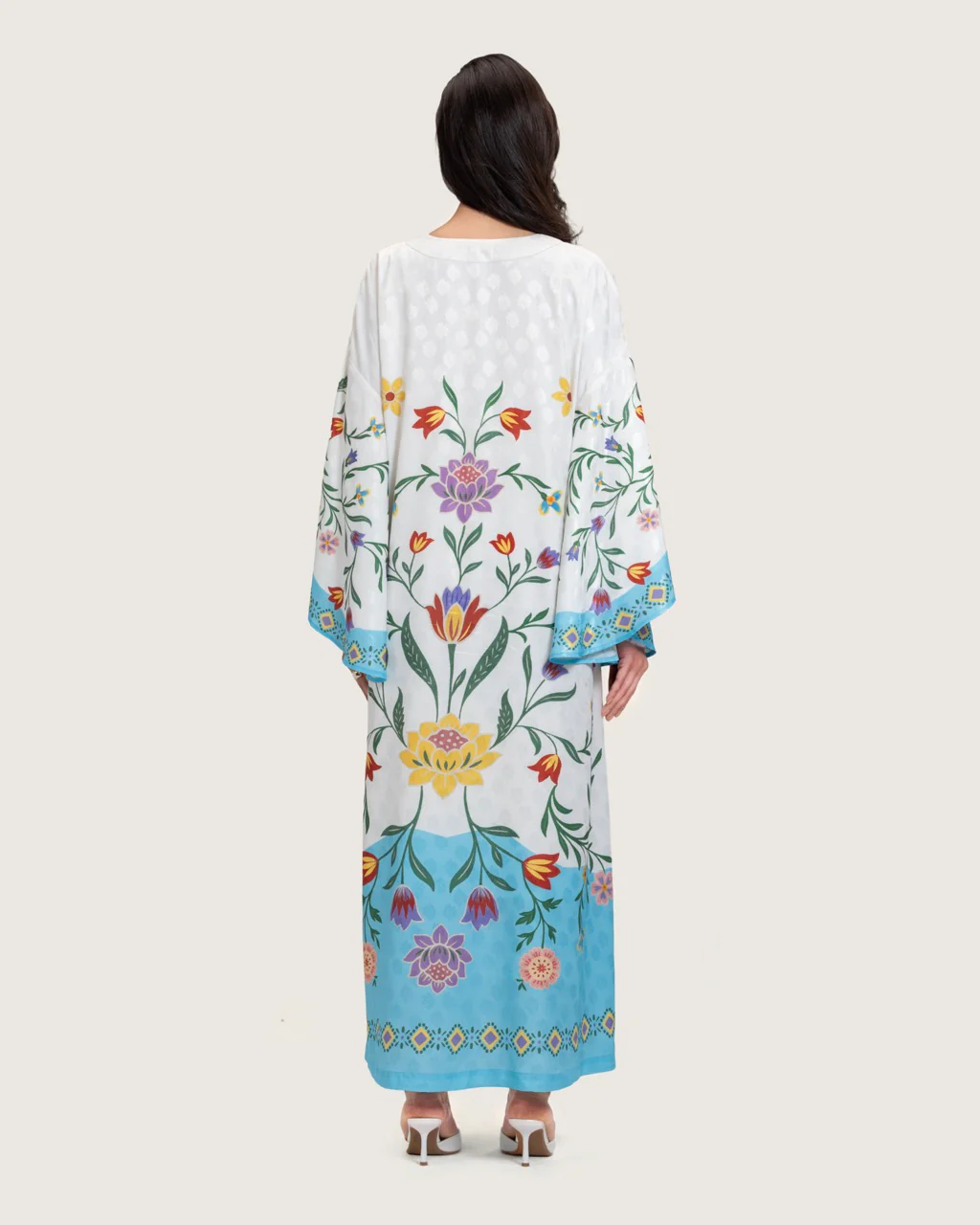 Floral Printed Kaftan Dress – White & Turquoise - Image 8
