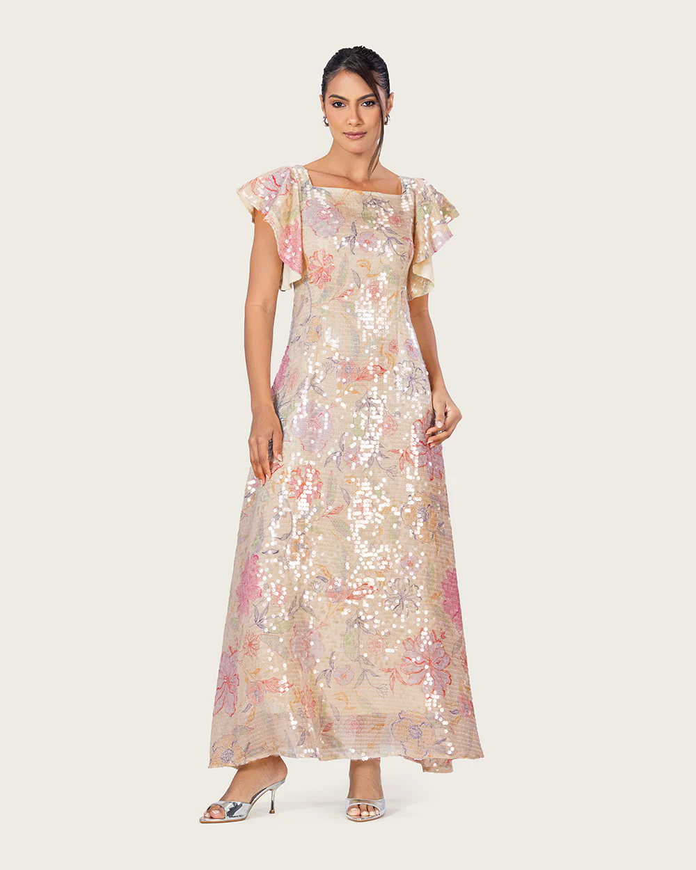 Floral Sequin Maxi Dress with Flutter Sleeves - Image 3