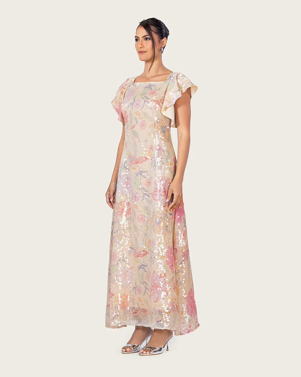 Floral Sequin Maxi Dress with Flutter Sleeves - Image 4