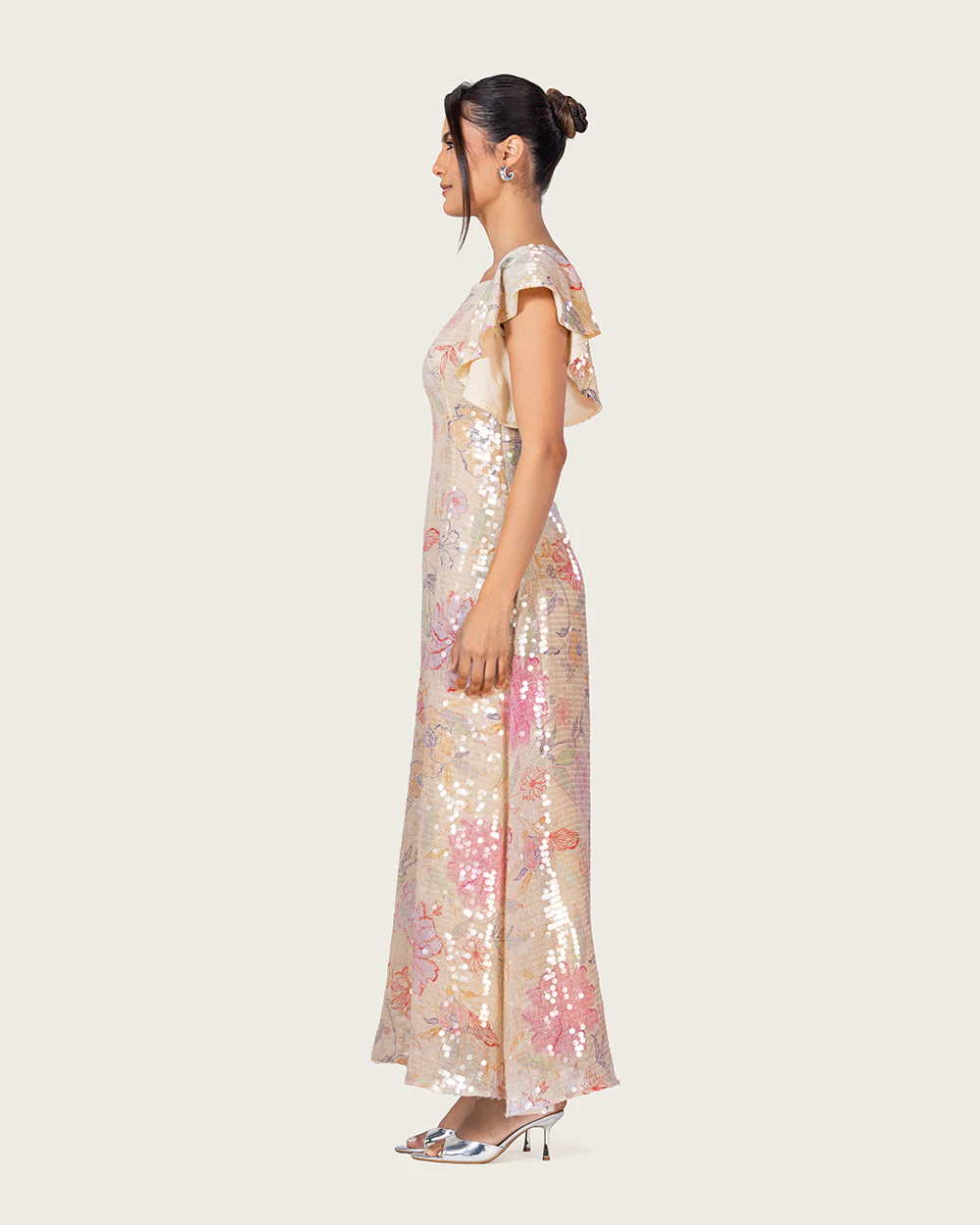 Floral Sequin Maxi Dress with Flutter Sleeves - Image 5