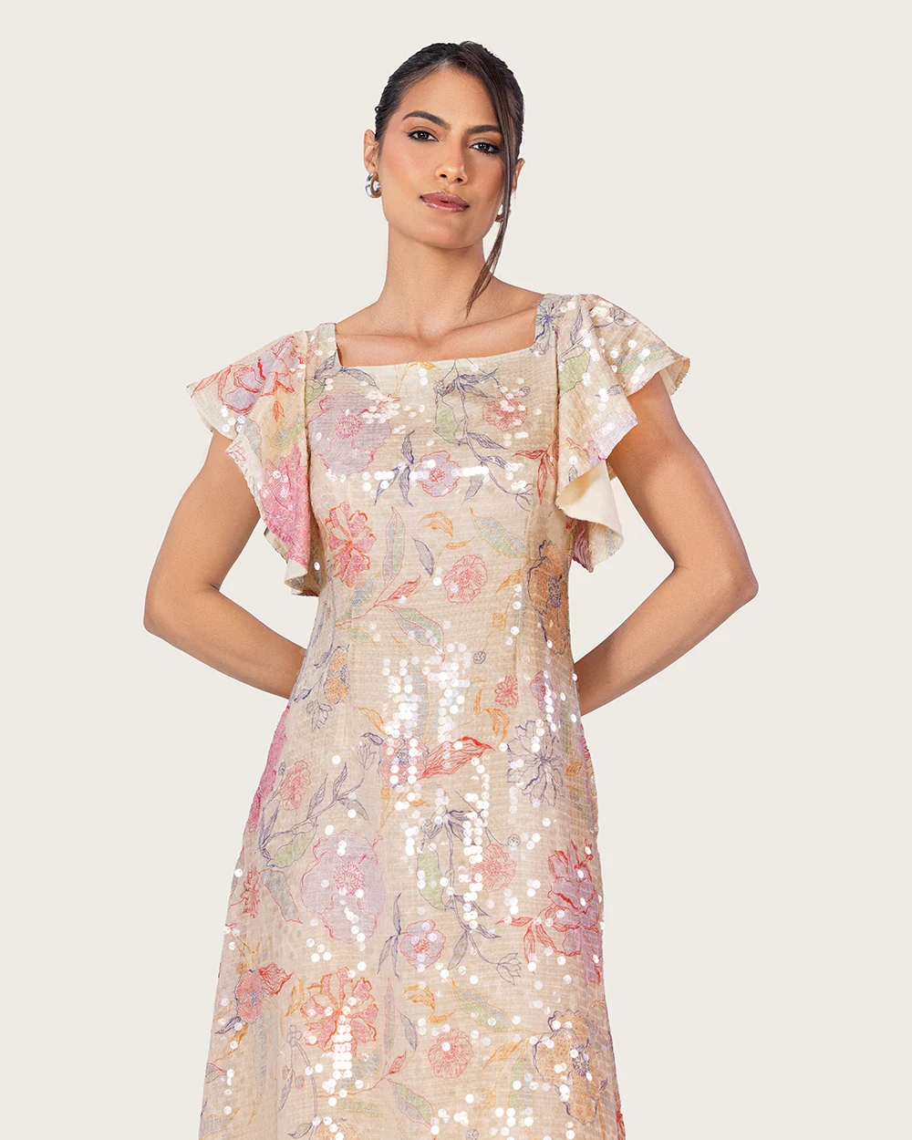 Floral Sequin Maxi Dress with Flutter Sleeves - Image 8