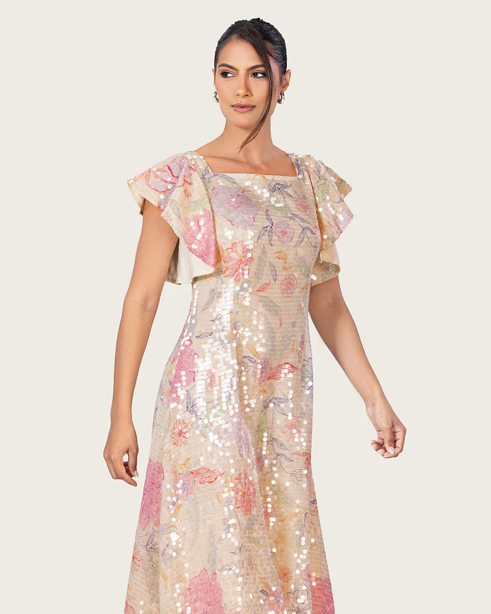 Floral Sequin Maxi Dress with Flutter Sleeves - Image 9