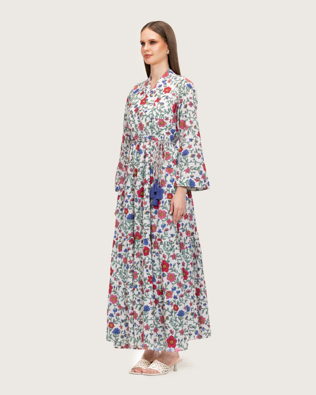 Floral Tiered Maxi Wrap Dress with Waist Tie Tassels - Image 4