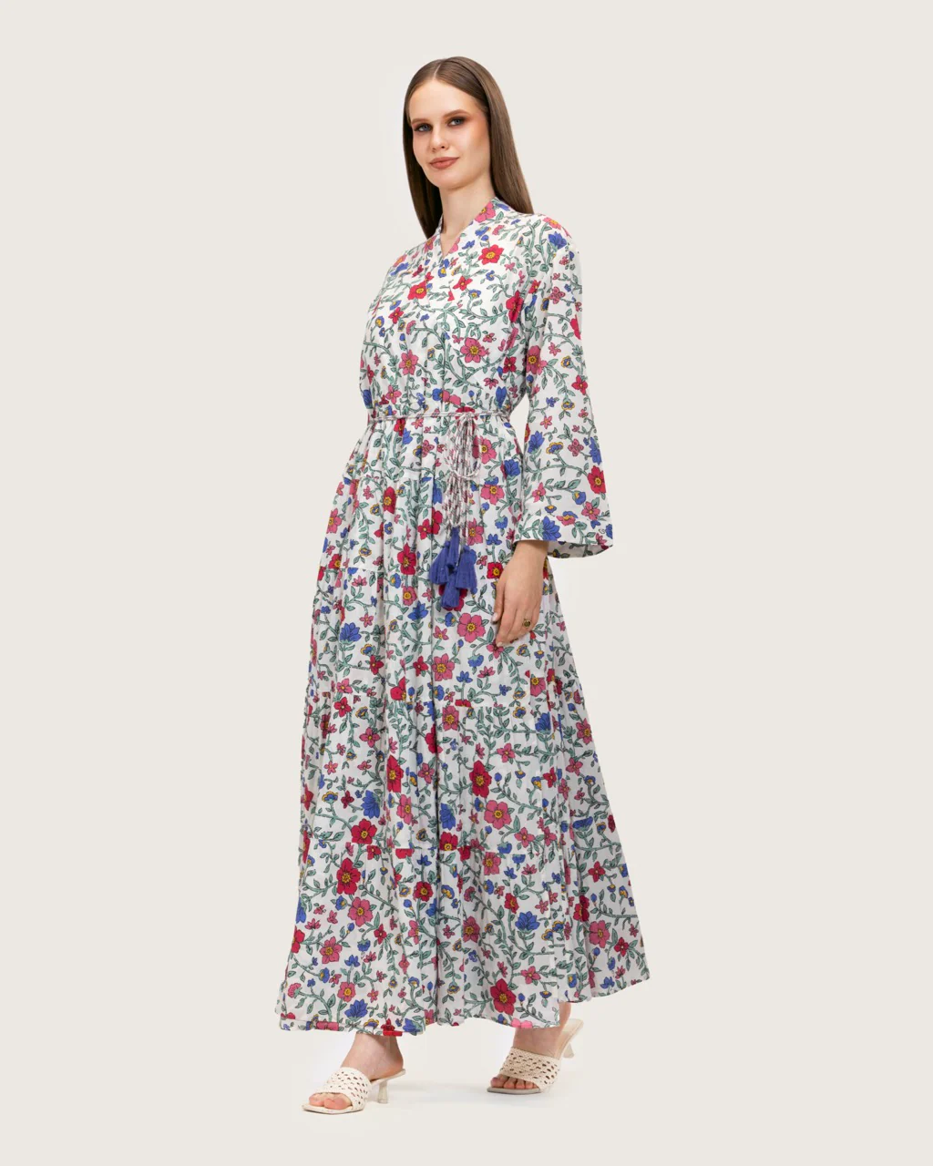 Floral Tiered Maxi Wrap Dress with Waist Tie Tassels - Image 7