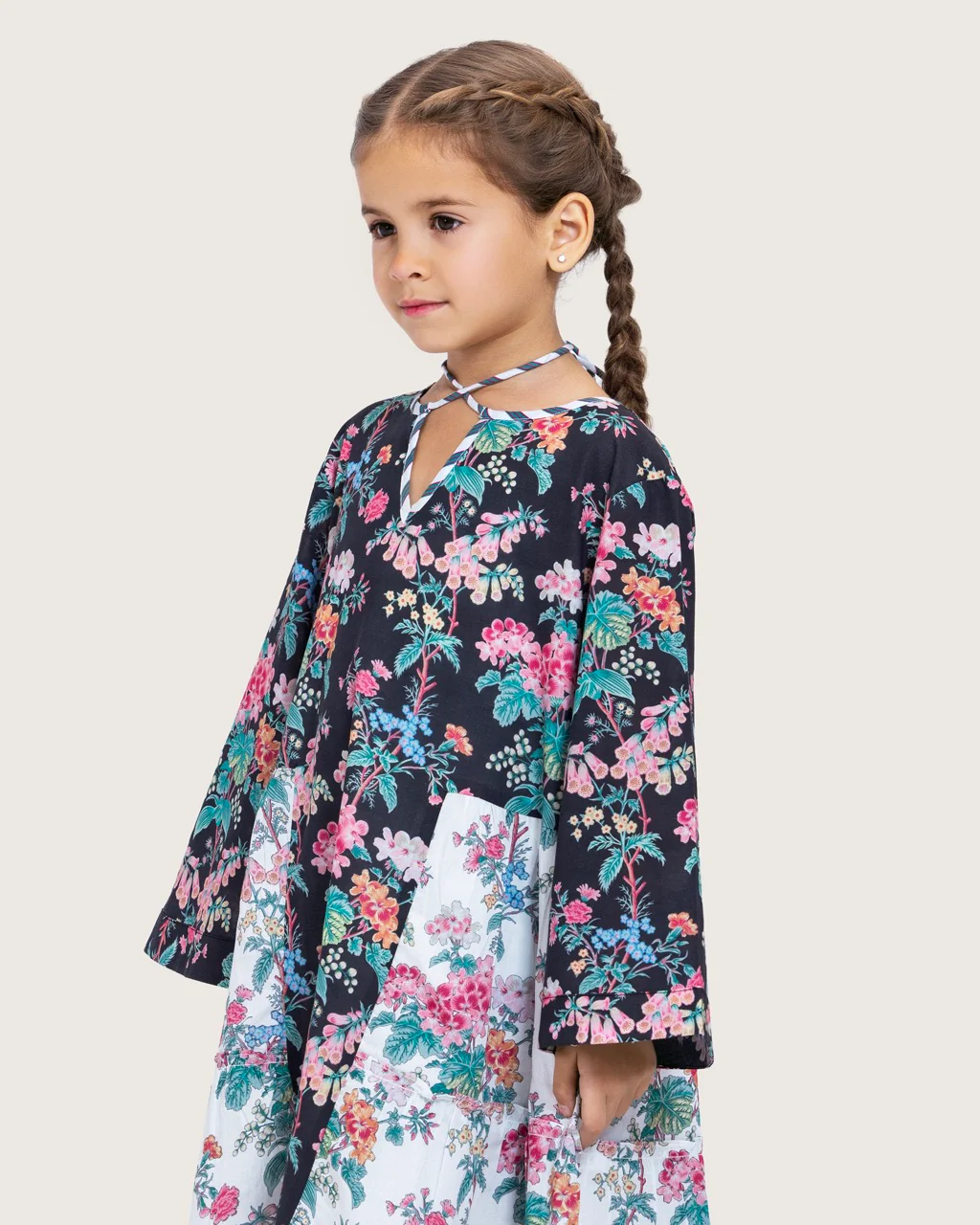 Girls Floral Cotton Dress with Tie Neck and Tassels - Image 3