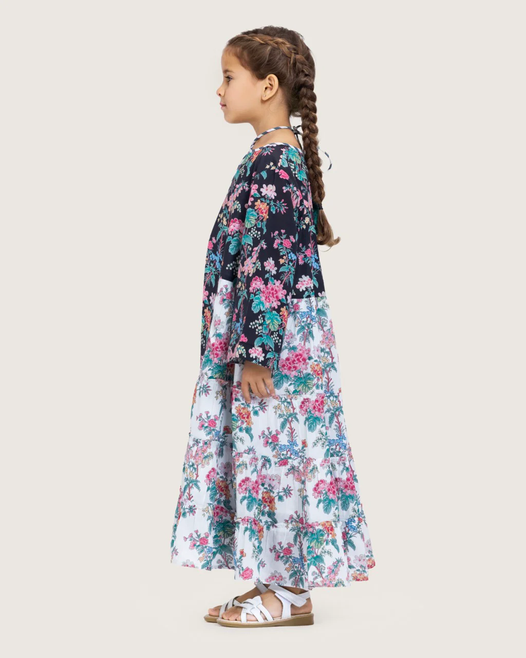 Girls Floral Cotton Dress with Tie Neck and Tassels - Image 4