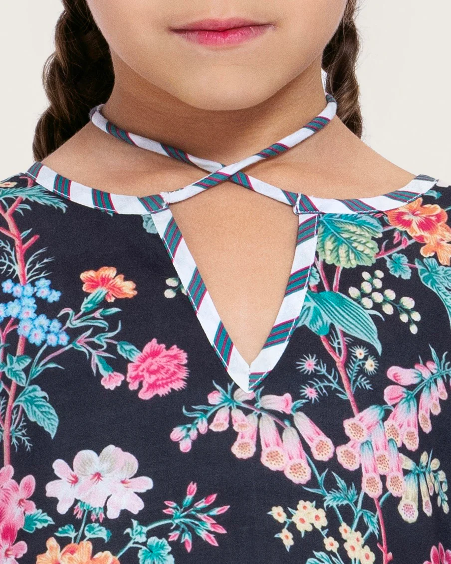 Girls Floral Cotton Dress with Tie Neck and Tassels - Image 6