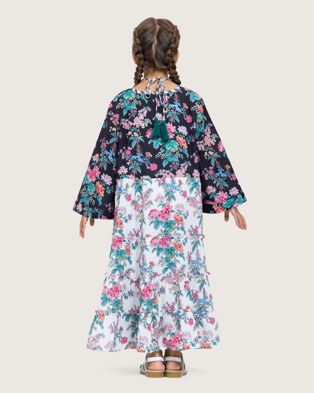 Girls Floral Cotton Dress with Tie Neck and Tassels - Image 7