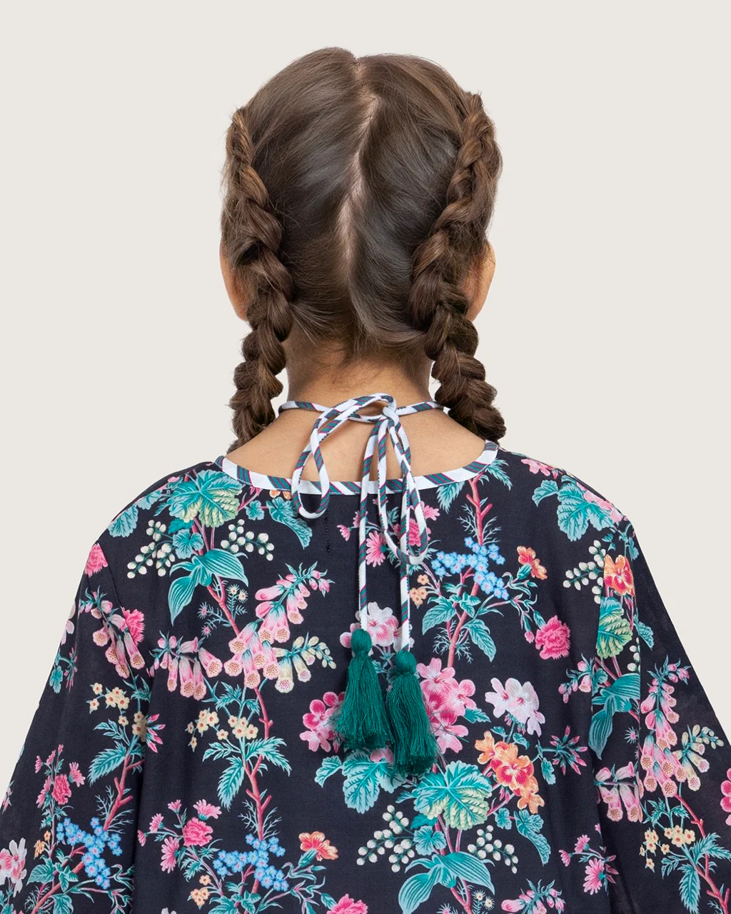Girls Floral Cotton Dress with Tie Neck and Tassels - Image 8