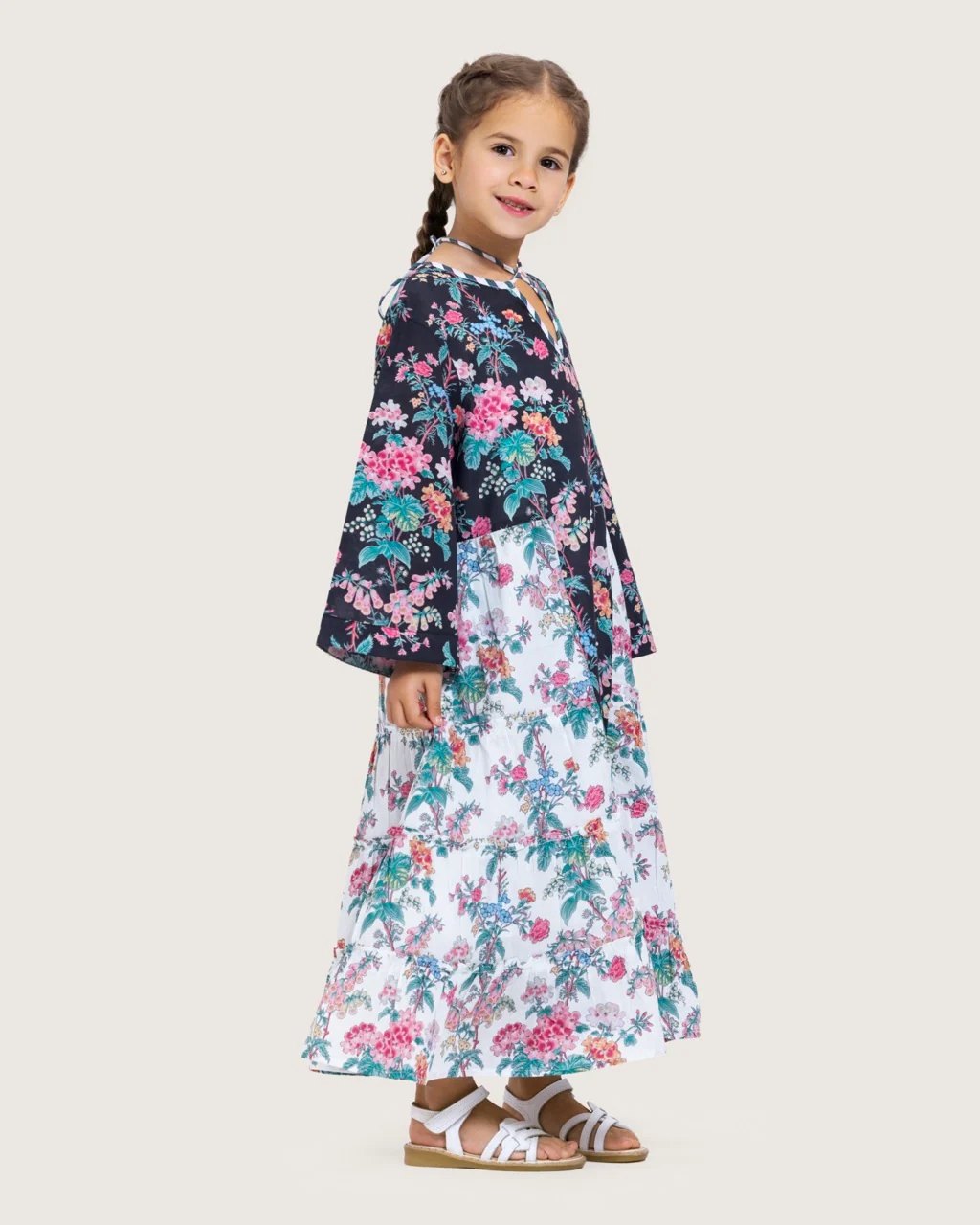 Girls Floral Cotton Dress with Tie Neck and Tassels - Image 9