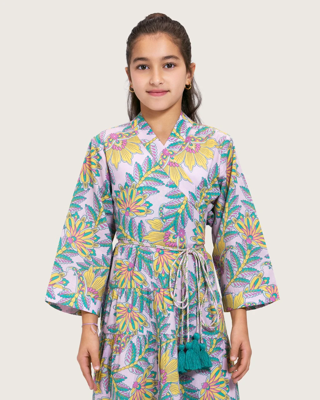 Girls Floral Cotton Wrap Dress with Soft Tiers - Teal - Image 3