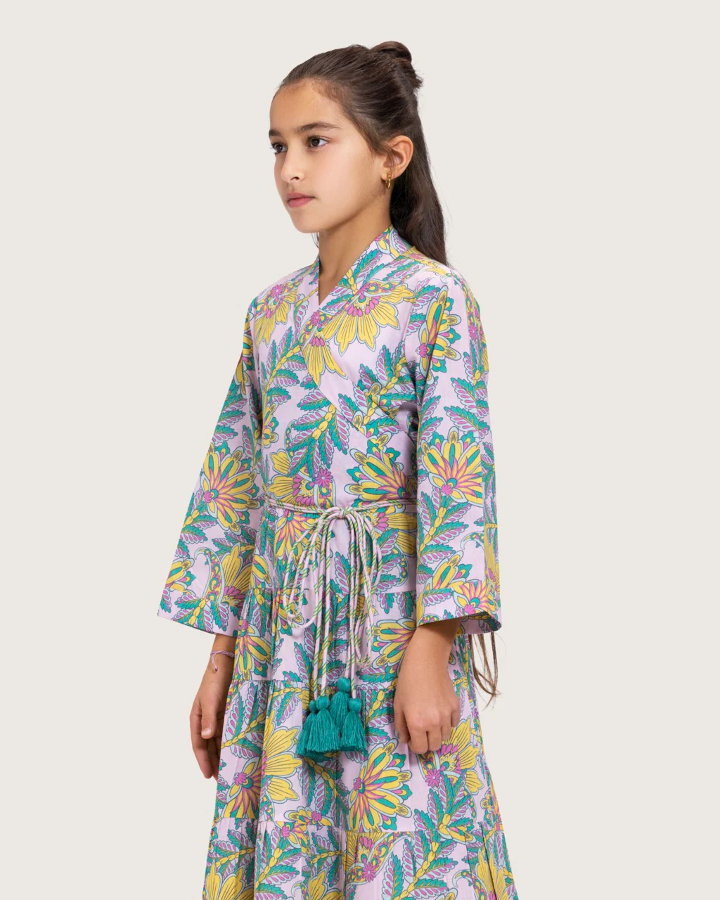 Girls Floral Cotton Wrap Dress with Soft Tiers - Teal - Image 4