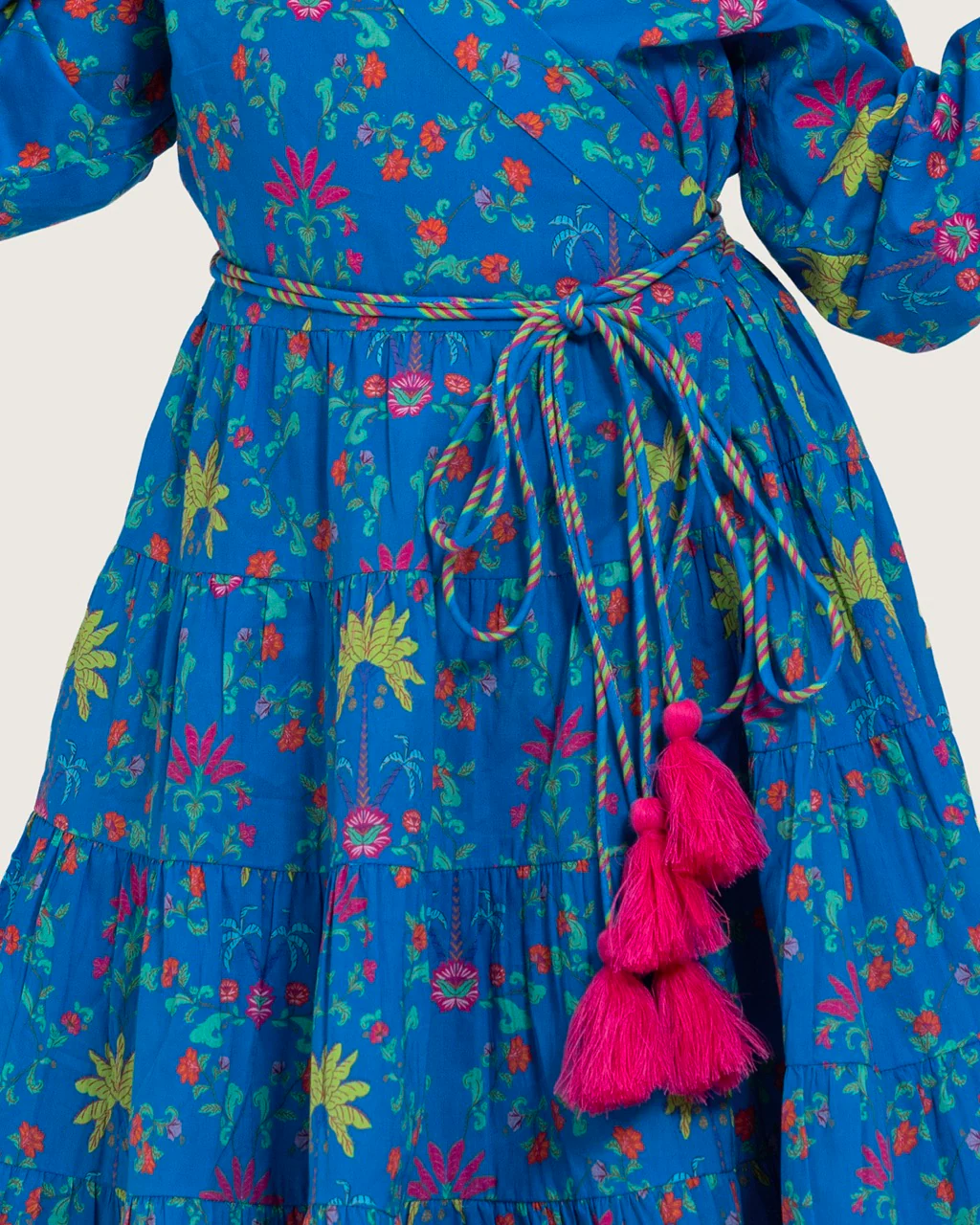 Girls Floral Tiered Wrap Dress in Cotton Fabric - Blue - Image 11