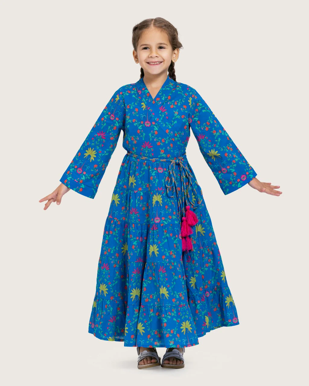Girls Floral Tiered Wrap Dress in Cotton Fabric - Blue - Image 3