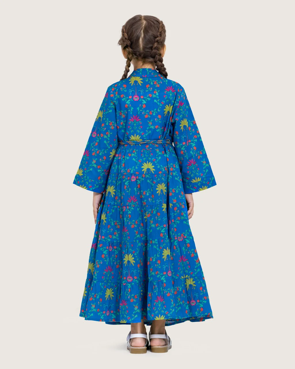 Girls Floral Tiered Wrap Dress in Cotton Fabric - Blue - Image 4