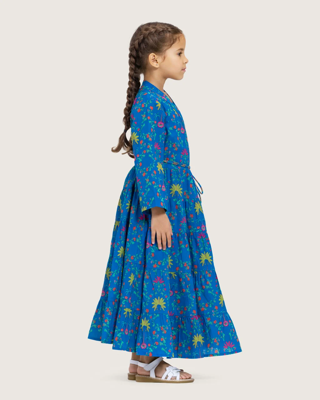 Girls Floral Tiered Wrap Dress in Cotton Fabric - Blue - Image 5