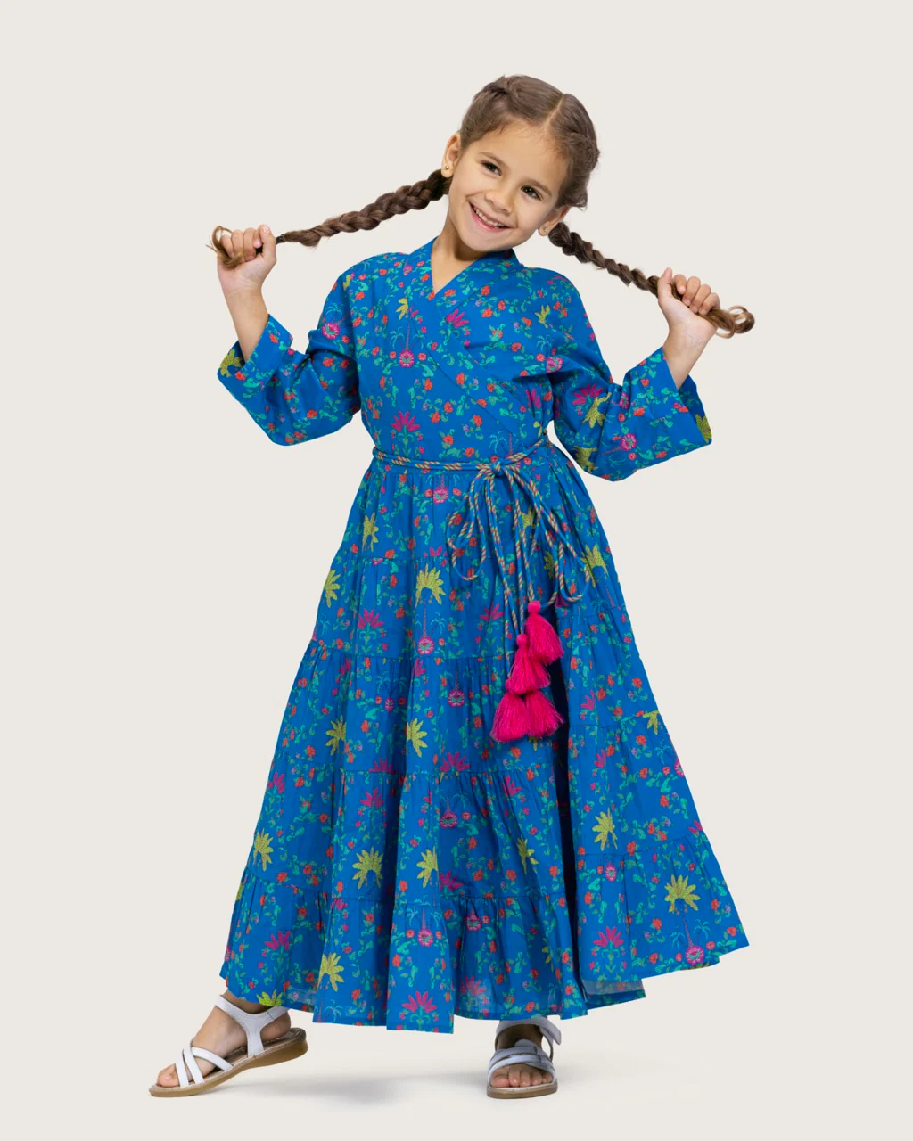 Girls Floral Tiered Wrap Dress in Cotton Fabric - Blue - Image 6