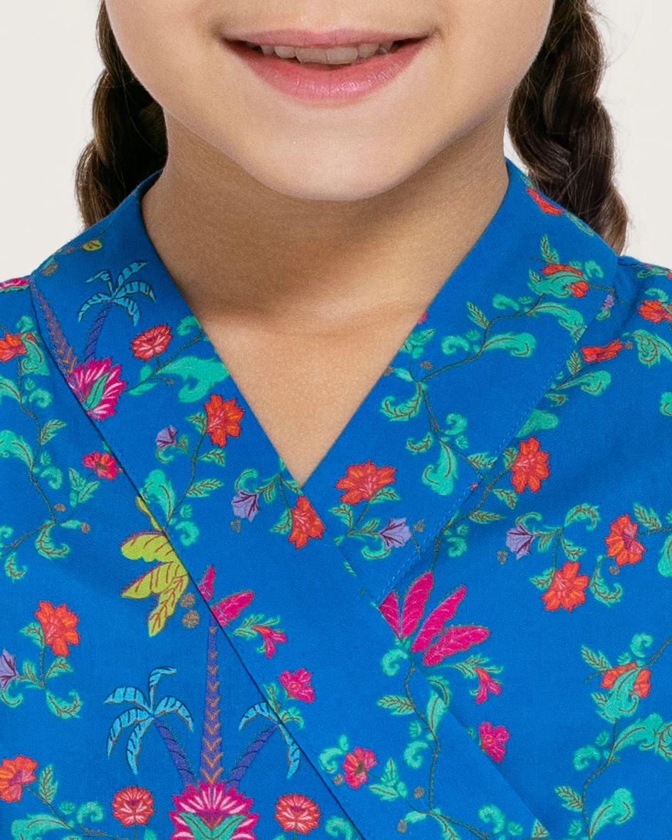 Girls Floral Tiered Wrap Dress in Cotton Fabric - Blue - Image 7