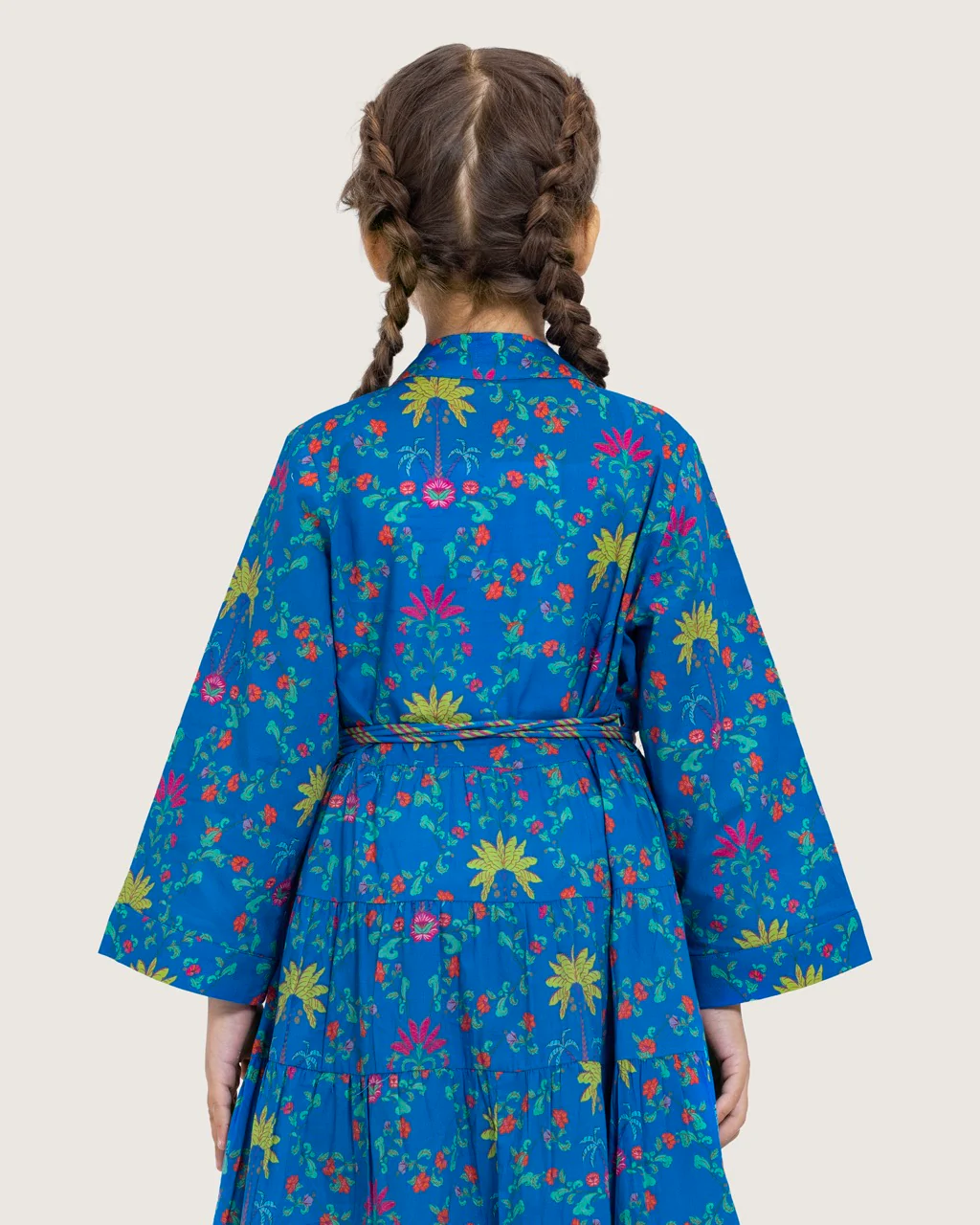 Girls Floral Tiered Wrap Dress in Cotton Fabric - Blue - Image 8