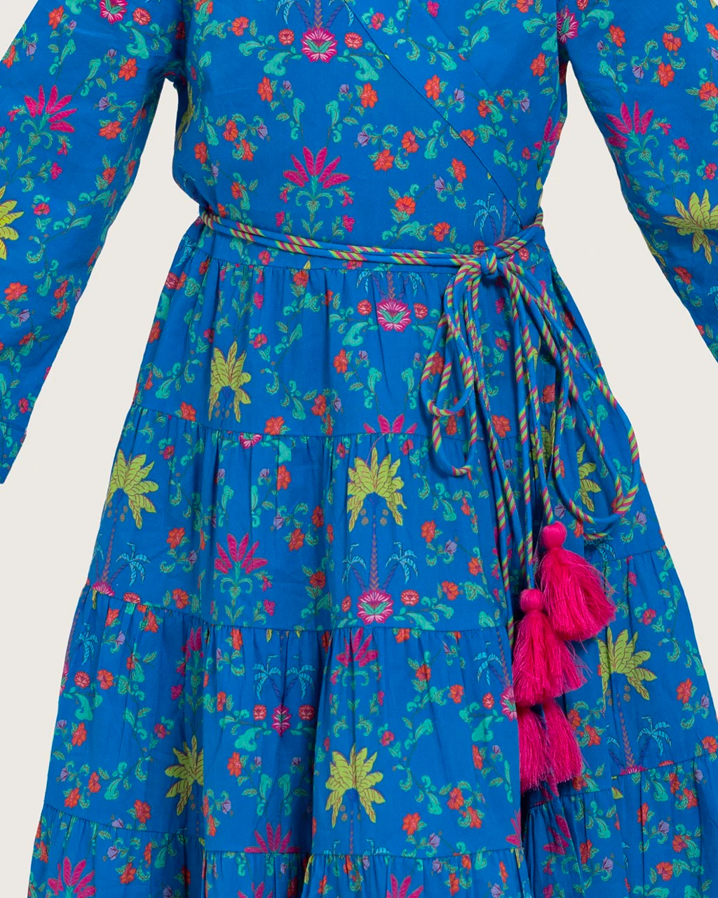 Girls Floral Tiered Wrap Dress in Cotton Fabric - Blue - Image 9