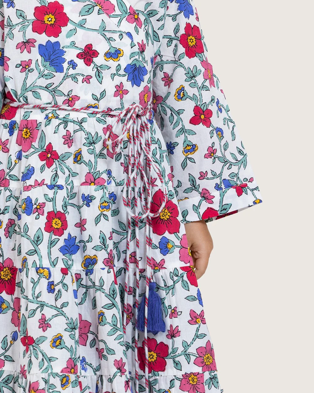 Girls Floral Tiered Wrap Dress in Cotton Fabric - White - Image 11