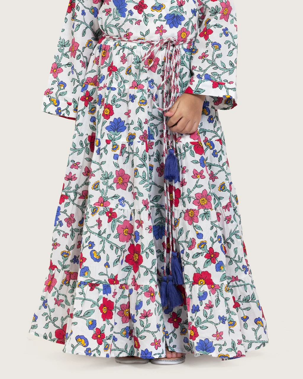 Girls Floral Tiered Wrap Dress in Cotton Fabric - White - Image 3