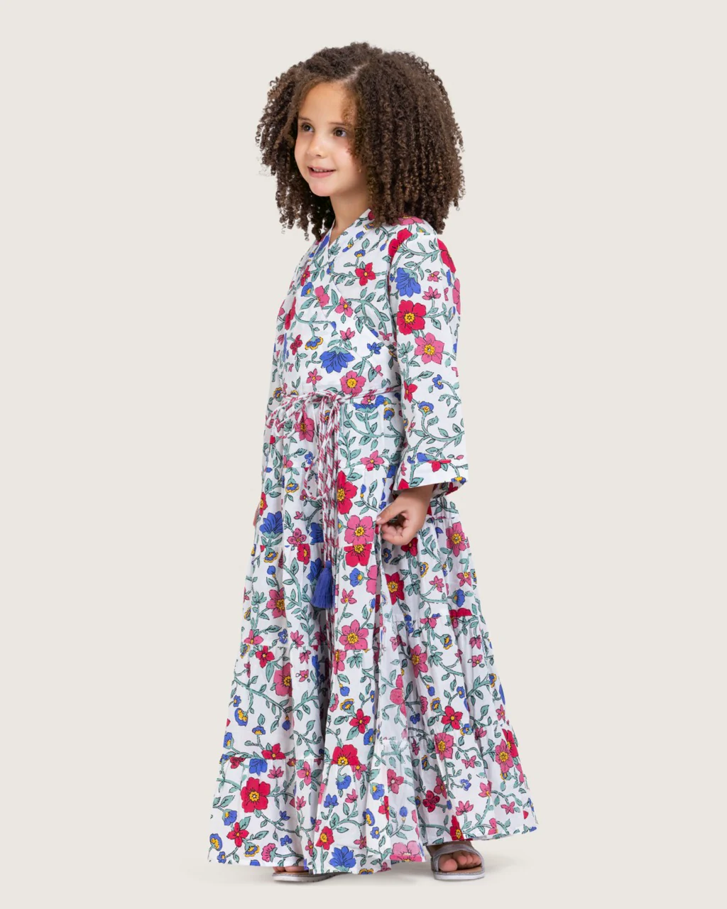 Girls Floral Tiered Wrap Dress in Cotton Fabric - White - Image 4