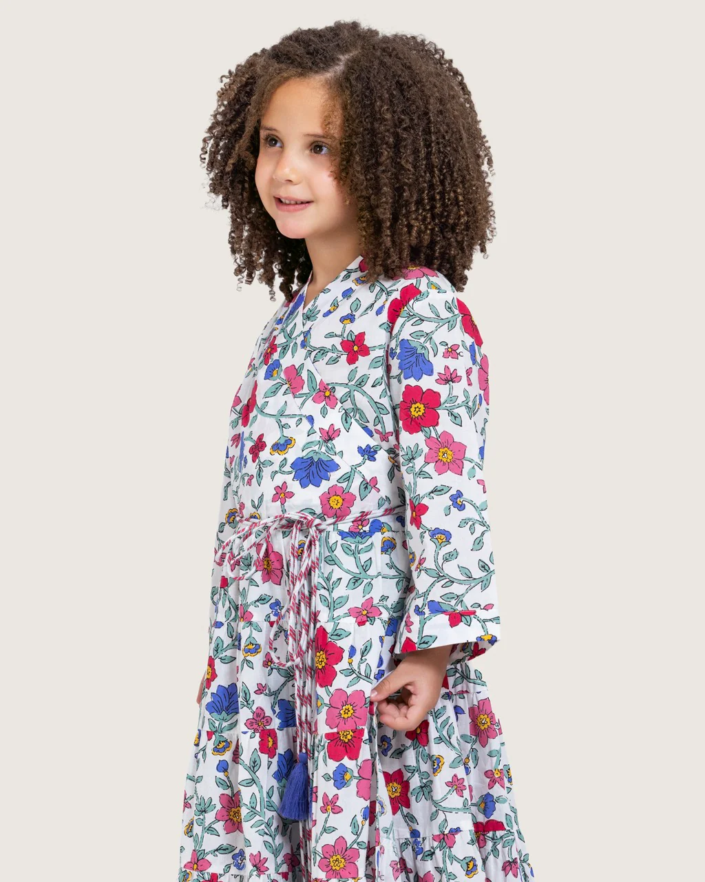Girls Floral Tiered Wrap Dress in Cotton Fabric - White - Image 5