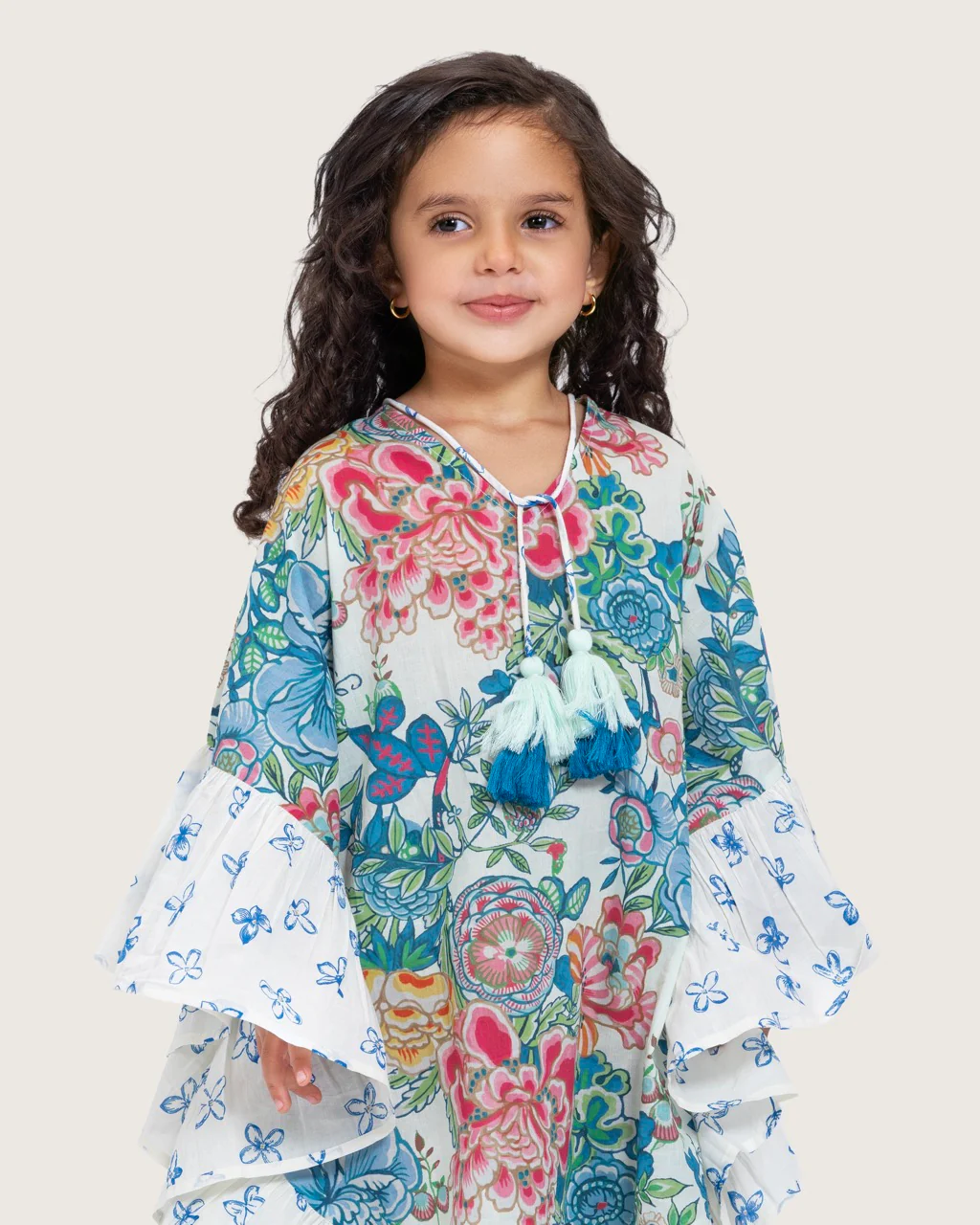 Girls Printed Kaftan with Flowy Silhouette and Sleeves - Blue - Image 4